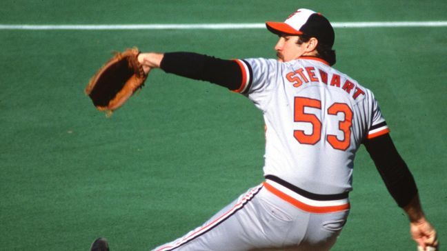 FILE -- Sammy Stewar pitching for the Baltimore Orioles in the 1983 World Series. (Photo credit: Orioles)t{p}{/p}