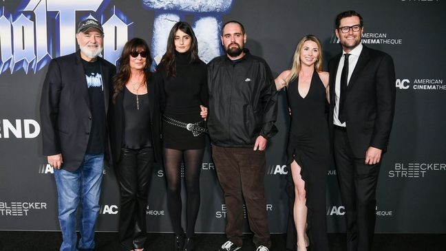 Rob Reiner, from left, Michele Singer Reiner, Romy Reiner, Nick Reiner, Maria Gilfillan, and Jake Reiner arrive at the premiere of "Spinal Tap II: The End Continues" on Tuesday, Sept. 9, 2025, at The Egyptian Theatre Hollywood in Los Angeles. (Photo by Richard Shotwell/Invision/AP)