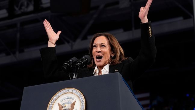 Democratic presidential nominee Vice President Kamala Harris speaks at a campaign rally at East Carolina University in Greenville, N.C., Sunday, Oct. 12, 2024. (AP Photo/Susan Walsh)