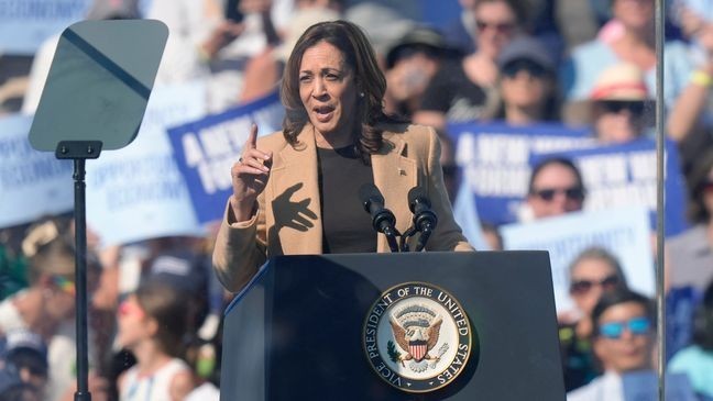 Democratic presidential nominee Vice President Kamala Harris speaks during a campaign stop at the Throwback Brewery, in North Hampton, N.H., Wednesday, Sept. 4, 2024. (AP Photo/Steven Senne)