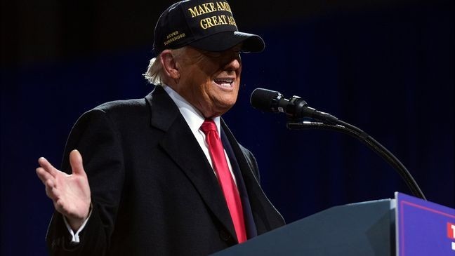 Republican presidential nominee former President Donald Trump speaks at a campaign rally at Atrium Health Amphitheater, Sunday, Nov. 3, 2024, in Macon, Ga. (AP Photo/Evan Vucci)