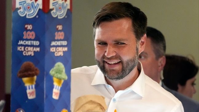 Republican vice presidential nominee Sen. JD Vance, R-Ohio, orders ice cream at Olson's Ice Cream Wednesday, Aug. 7, 2024, in Eau Claire, Wis. (AP Photo/Alex Brandon)