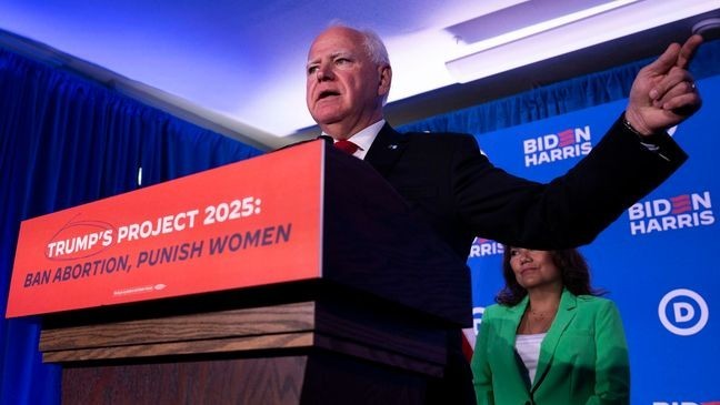 Minnesota Gov. Tim Walz speaks during a news conference for the Biden-Harris campaign discussing the Project 2025 plan during the third day of the 2024 Republican National Convention near the Fiserv Forum, Wednesday, July 17, 2024, in Milwaukee. (AP Photo/Joe Lamberti)