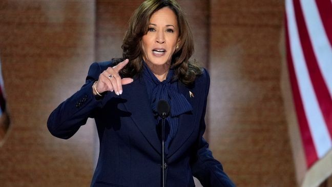 Democratic presidential nominee Vice President Kamala Harris speaks during the Democratic National Convention Thursday, Aug. 22, 2024, in Chicago. (AP Photo/J. Scott Applewhite)