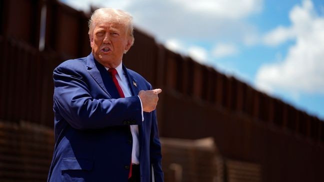 Republican presidential nominee former President Donald Trump tours the southern border with Mexico, Thursday, Aug. 22, 2024, in Sierra Vista, Ariz. (AP Photo/Evan Vucci)