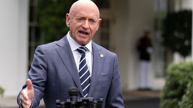 FILE - Sen. Mark Kelly, D-Ariz., speaks about the southern border outside the West Wing of the White House, Tuesday, June 4, 2024, in Washington. (AP Photo/Manuel Balce Ceneta, File)