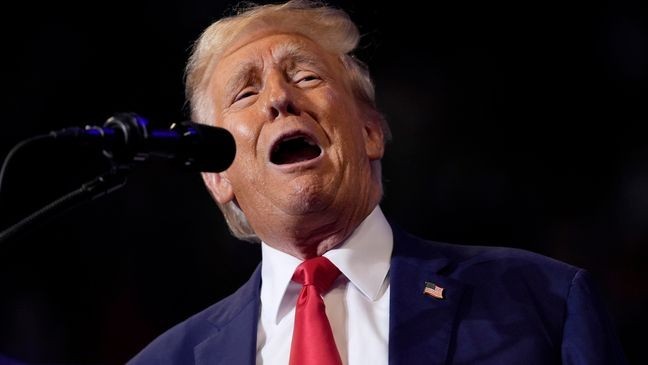 Republican presidential nominee former President Donald Trump speaks at a campaign rally at the Mohegan Sun Arena at Casey Plaza, Saturday, Aug. 17, 2024, in Wilkes-Barre, Pa. (AP Photo/Carolyn Kaster)