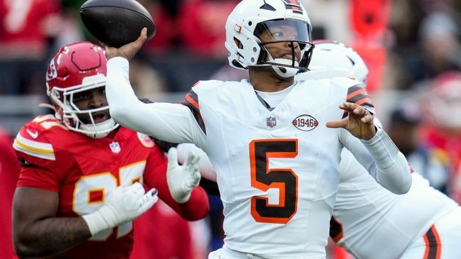 Cleveland Browns quarterback Jameis Winston (5) passes under pressure against the Kansas City Chiefs during the first half of an NFL football game, Sunday, Dec. 15, 2024, in Cleveland. (AP Photo/Sue Ogrocki)