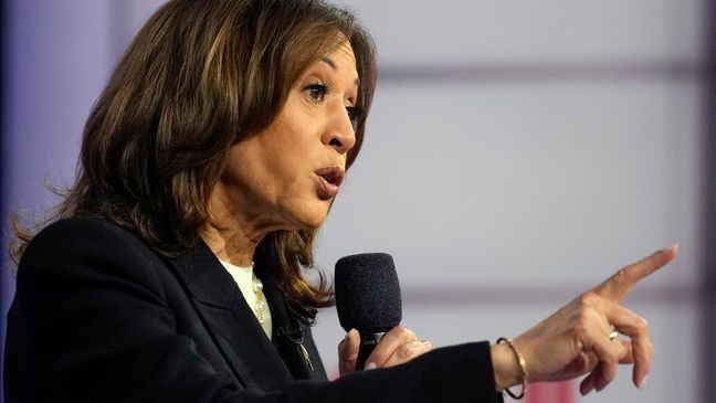 Democratic presidential nominee Vice President Kamala Harris speaks during a CNN town hall in Aston, Pa., Wednesday, Oct. 23, 2024. (AP Photo/Matt Rourke)