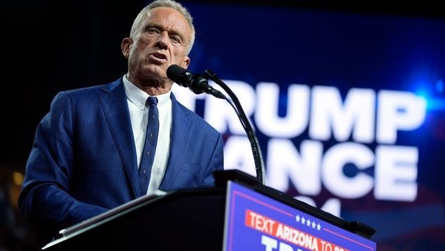 Independent presidential candidate Robert F. Kennedy Jr. speaks as he endorses Republican presidential nominee former President Donald Trump at a campaign rally at the Desert Diamond Arena, Friday, Aug. 23, 2024, in Glendale, Ariz. (AP Photo/Evan Vucci)