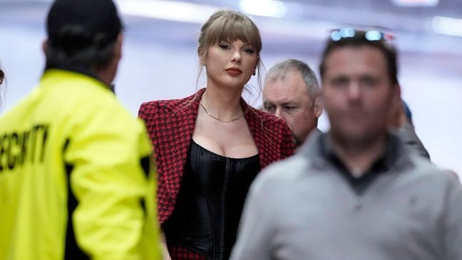 FILE - Taylor Swift arrives before an NFL football game between the Kansas City Chiefs and the Denver Broncos Sunday, Nov. 10, 2024, in Kansas City, Mo. (AP Photo/Ed Zurga, File)