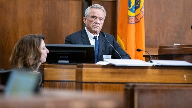 Independent Presidential candidate Robert F. Kennedy Jr. gives witness testimony at the Nassau County Supreme Court in Mineola, N.Y. on Wednesday, Aug. 21, 2024. (Stefan Jeremiah/Pool Photo via AP)