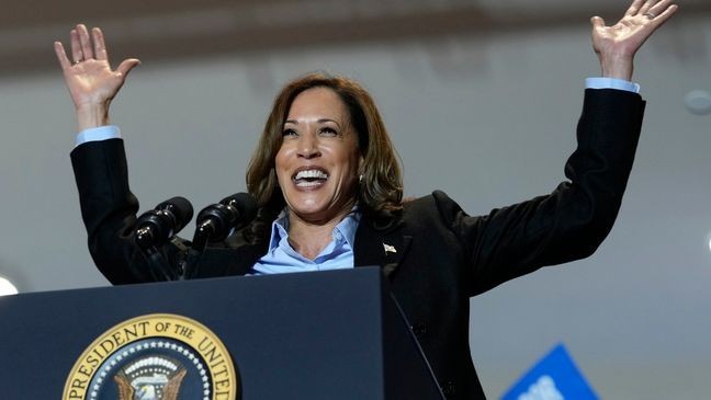 Democratic presidential nominee Vice President Kamala Harris campaigns with President Joe Biden at the IBEW Local Union #5 union hall in Pittsburgh on Labor Day, Monday, Sept. 2, 2024. (AP Photo/Susan Walsh)