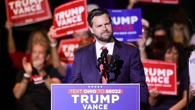 FILE - Republican vice presidential candidate Sen. JD Vance, R-Ohio, speaks during a rally in his home town of Middletown, Ohio,  July 22, 2024. Trump is used to defending himself. But as JD Vance's rocky rollout continues, the Republican presidential nominee is in the rare position this week of having to defend someone elseâs controversial comments. (AP Photo/Paul Vernon, File)