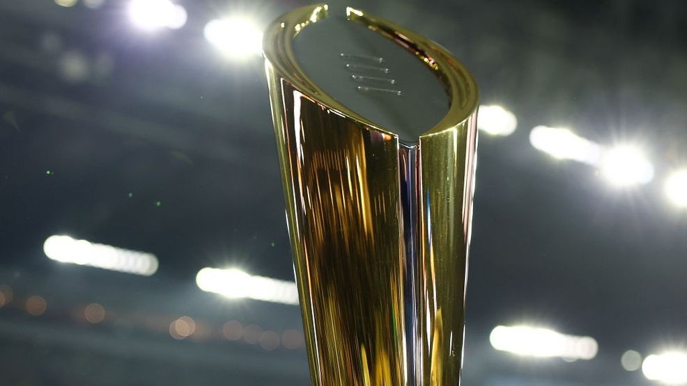 HOUSTON, TEXAS - JANUARY 08: A view of the College Football Playoff (CFP) National Championship Trophy prior to the 2024 CFP National Championship game between the Washington Huskies and Michigan Wolverines at NRG Stadium on January 08, 2024 in Houston, Texas. (Photo by Maddie Meyer/Getty Images) 