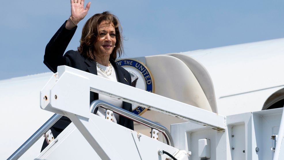 Democratic presidential nominee Vice President Kamala Harris boards Air Force Two at Joint Base Andrews, Md., Wednesday, Aug. 28, 2024, as she travels to Savannah, Ga., for a two-day campaign bus tour. (Saul Loeb/Pool via AP)