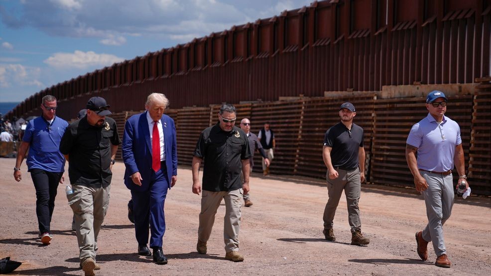 Republican presidential nominee former President Donald Trump tours the southern border with Mexico, Thursday, Aug. 22, 2024, in Sierra Vista, Ariz. (AP Photo/Evan Vucci)