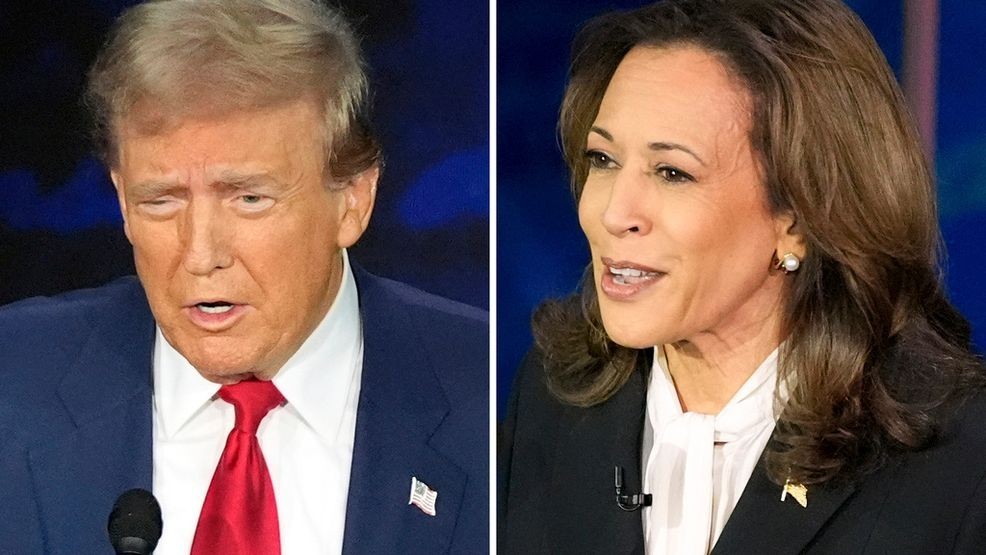 This combination of photos shows Republican presidential nominee former President Donald Trump, left, and Democratic presidential nominee Vice President Kamala Harris during an ABC News presidential debate at the National Constitution Center, Tuesday, Sept. 10, 2024, in Philadelphia. (AP Photo/Alex Brandon, File)