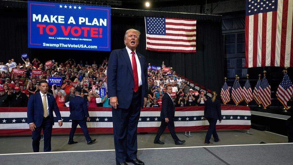 Republican presidential nominee former President Donald Trump talks after speaking at a campaign rally in Bozeman, Mont., Friday, Aug. 9, 2024. (AP Photo/Rick Bowmer)