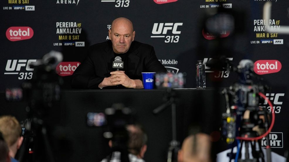 FILE - Dana White, CEO of the Ultimate Fighting Championship, speaks during a news conference following the UFC 313 mixed martial arts event Saturday, March 8, 2025, in Las Vegas. (AP Photo/John Locher, File)