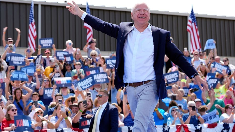 Democratic vice presidential candidate Minnesota Gov. Tim Walz arrives at a campaign rally Wednesday, Aug. 7, 2024, in Eau Claire, Wis. (AP Photo/Julia Nikhinson)