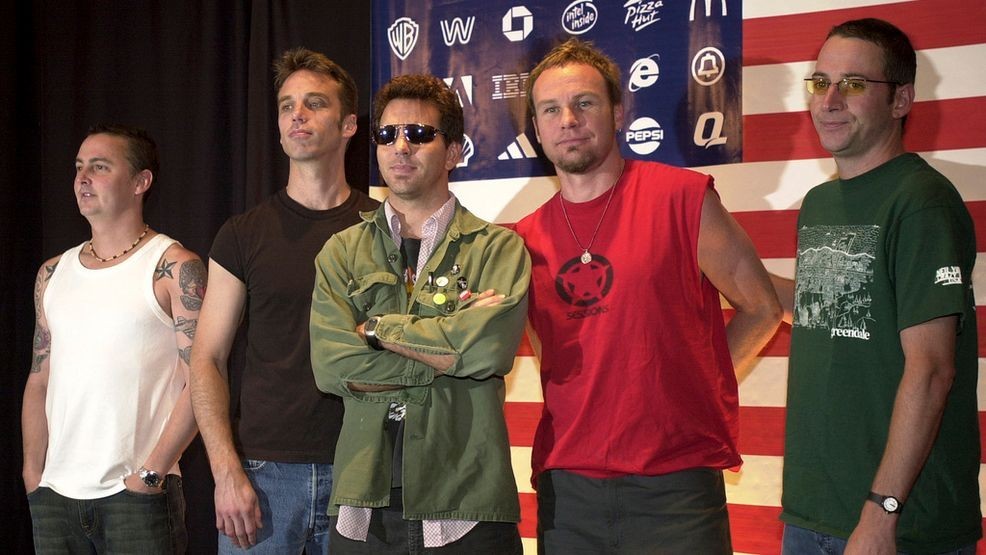 FILE - Pearl Jam members, from left, Mike McCready, Matt Cameron, Eddie Vedder, Jeff Ament and Stone Gossard appear at a news conference in Mexico City, on July 17, 2003. (AP Photo/Jaime Puebla, File)