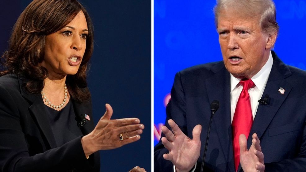 Democratic vice presidential candidate Sen. Kamala Harris, D-Calif., speaks during a debate, Oct. 7, 2020, in Salt Lake City, left, and Republican presidential candidate former President Donald Trump speaks during a debate, June 27, 2024, in Atlanta. (AP Photo)