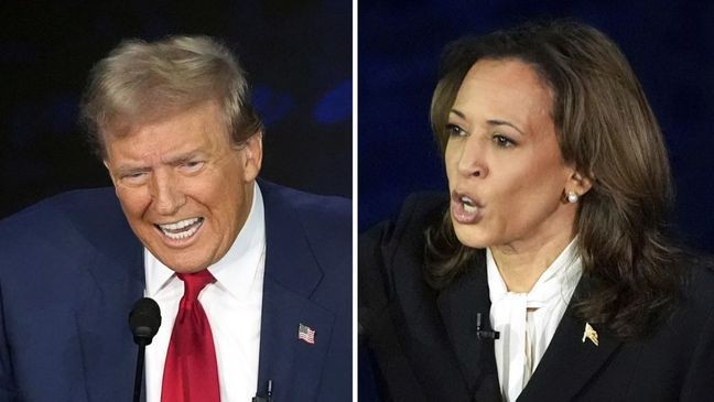 Republican presidential nominee former President Donald Trump and Democratic presidential nominee Vice President Kamala Harris participate during an ABC News presidential debate at the National Constitution Center in Philadelphia Tuesday, Sept. 10, 2024. (AP Photo/Alex Brandon)