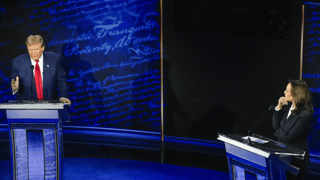 Republican presidential nominee former President Donald Trump and Democratic presidential nominee Vice President Kamala Harris participate during an ABC News presidential debate at the National Constitution Center in Philadelphia Tuesday, Sept. 10, 2024. (AP Photo/Alex Brandon)