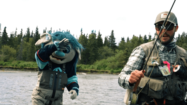The Seattle Kraken and sea troll mascot Buoy were in Anchorage for a partnership trip when they encountered an unusual fan - a grizzly bear who chased them across the river. (Video and images courtesy of Seattle Kraken)