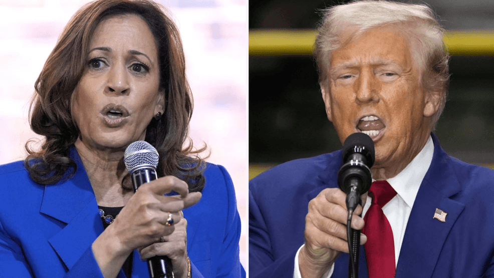 In this combination of photos taken in Pennsylvania, Democratic presidential nominee Vice President Kamala Harris speaks at a campaign event, Aug. 18, 2024, in Rochester, left, and Republican presidential nominee former President Donald Trump speaks during a campaign event, Aug. 19, 2024, in York. (AP Photo)