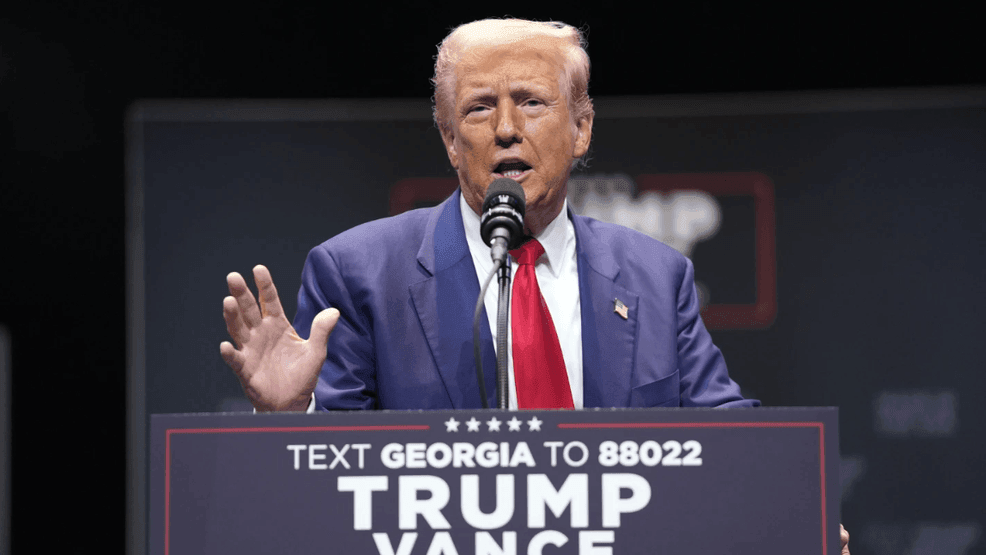 Republican presidential nominee former President Donald Trump speaks about the tax code and manufacturing at the Johnny Mercer Theatre Civic Center Tuesday, Sept. 24, 2024, in Savannah, Georgia. (AP Photo/Evan Vucci)