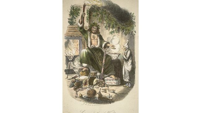 circa 1900: The Ghost of Christmas Present appears to the miserly Scrooge with a lavish Christmas spread, in a scene from Charles Dickens' 'A Christmas Carol'. 'Scrooge's Third Visitor', by J Leech. (Photo by Hulton Archive/Getty Images)