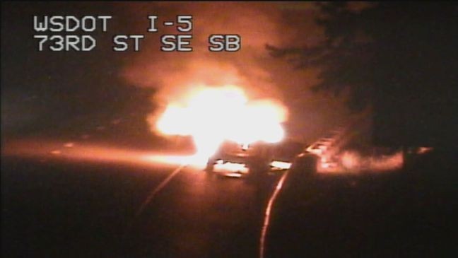 A man is in custody and has been charged with DUI after the vehicle he was driving erupted into flames early Friday morning on I-5, according to the Washington State Patrol. (Photo: WSDOT)