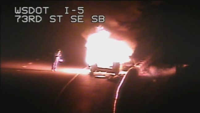 A man is in custody and has been charged with DUI after the vehicle he was driving erupted into flames early Friday morning on I-5, according to the Washington State Patrol. (Photo: WSDOT)