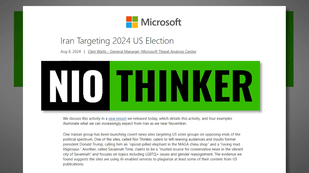 Microsoft uncovered news websites, like "Nio Thinker" that is targeting progressives with content, news, and opinion articles during the 2024 U.S. election. (The National Desk)