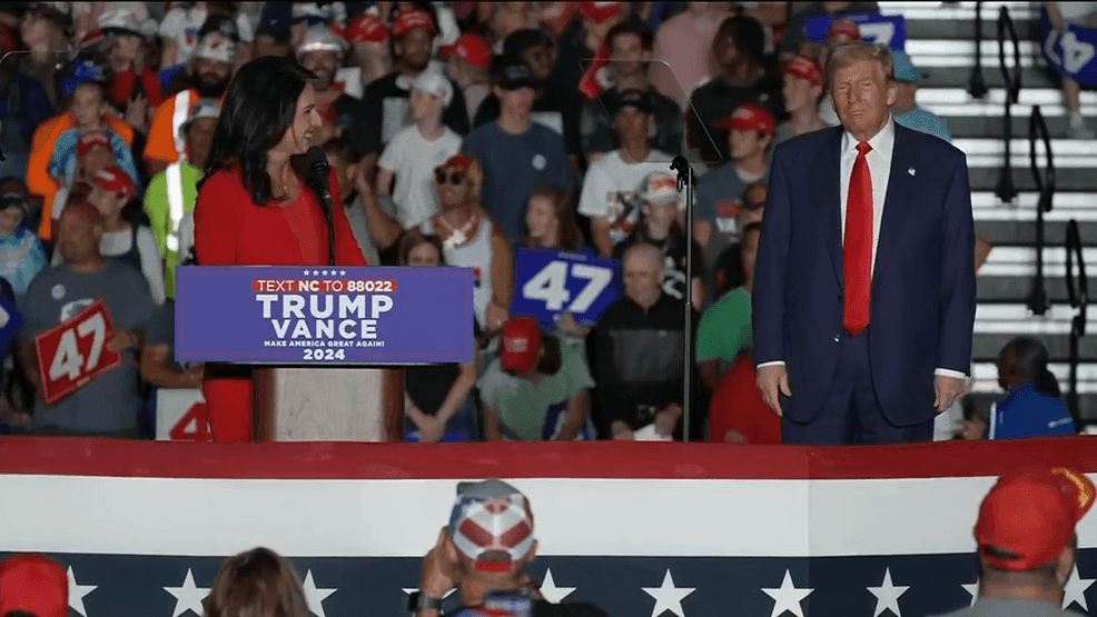 Former Dem Rep. Tulsi Gabbard speaking at Donald Trump's rally in Greensboro, North Carolina on Tuesday, October 23, 2024. (Pool)