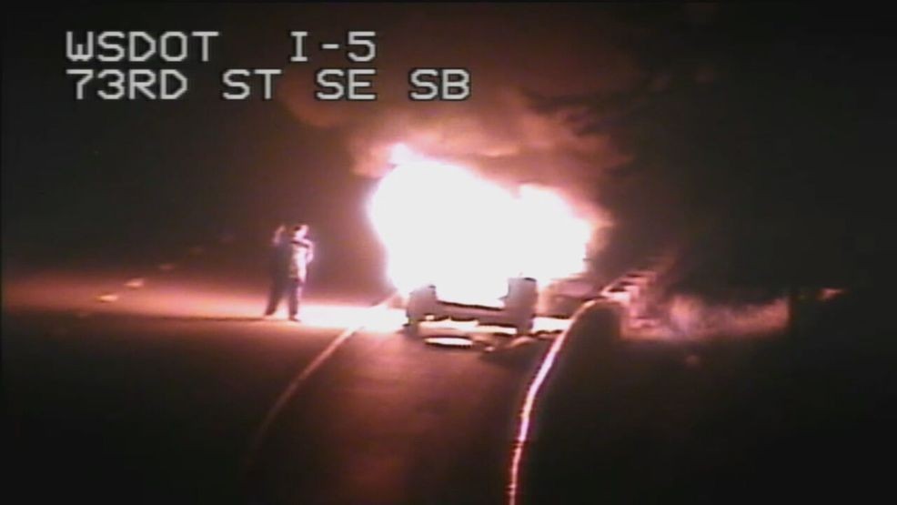 A man is in custody and has been charged with DUI after the vehicle he was driving erupted into flames early Friday morning on I-5, according to the Washington State Patrol. (Photo: WSDOT)