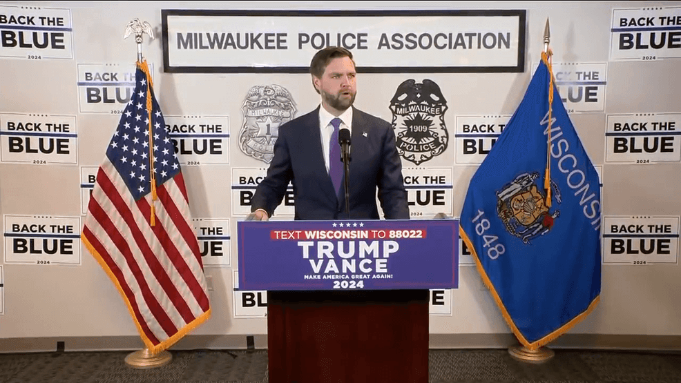 Ohio Senator JD Vance will spoke at the Milwaukee Police Association's headquarters on Friday, August 16, 2024. (Pool)