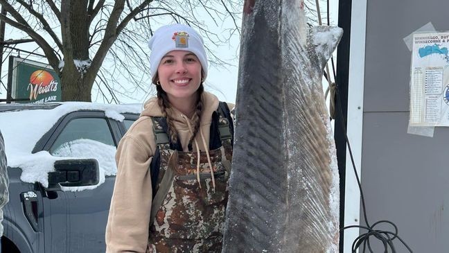 A 180.5-pound sturgeon harvested by Hayley Herzig on Lake Winnebago on Saturday, Feb. 8, 2025 (Photo: Hayley Herzig)