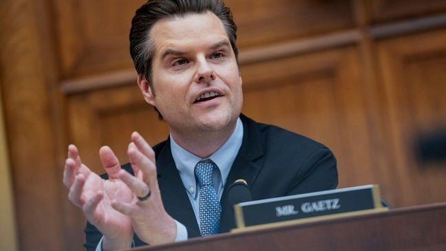 FILE - Rep. Matt Gaetz, R-Fla., speaks on Capitol Hill in Washington, Tuesday, March 12, 2024.{&nbsp;} (AP Photo/Nathan Howard, File)