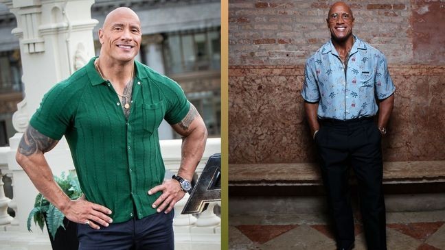 Dwayne Johnson in 2022 and over the weekend at the 2025 Venice Film Festival. (Photo by Pablo Cuadra/WireImageVictor Boyko/Getty Images for Miu Miu)