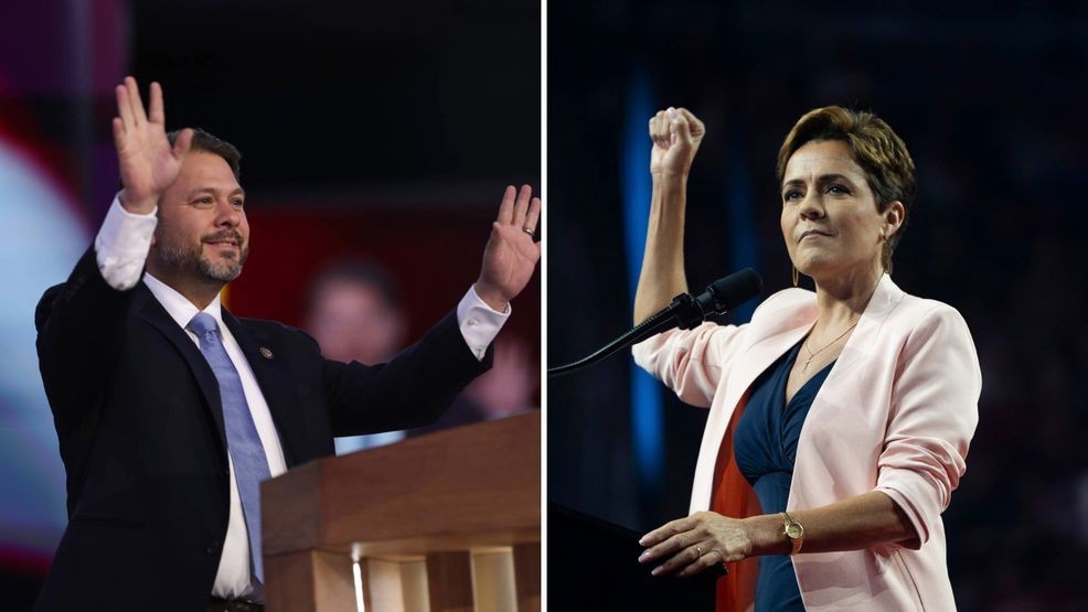 Democratic Rep. Ruben Gallego, left, and Republican Kari Lake, both candidates in the 2024 U.S. Senate election from Arizona, are seen in Getty file photos. (Photo by Justin Sullivan/Getty Images; Photo by Rebecca Noble/Getty Images)