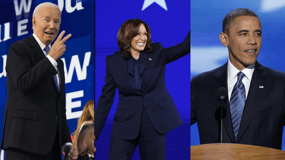 President Joe Biden, Vice President Kamala Harris and former President Barack Obama at the Democratic National Convention. (Associated Press){&nbsp;}