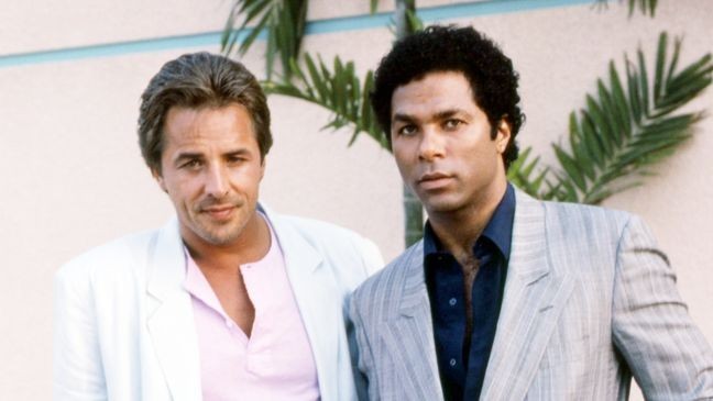 American actors Don Johnson and Philip Michael Thomas, as detectives James 'Sonny' Crockett and Ricardo Tubbs, in a promotional portrait for the TV series 'Miami Vice', circa 1985. (Photo by Silver Screen Collection/Getty Images)