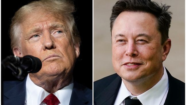 FILE - This combination of photos shows former President Donald Trump during rally in Minden, Nev., Oct. 8, 2022, left, and Elon Musk in Wilmington, Del., July 12, 2021. (AP Photo)