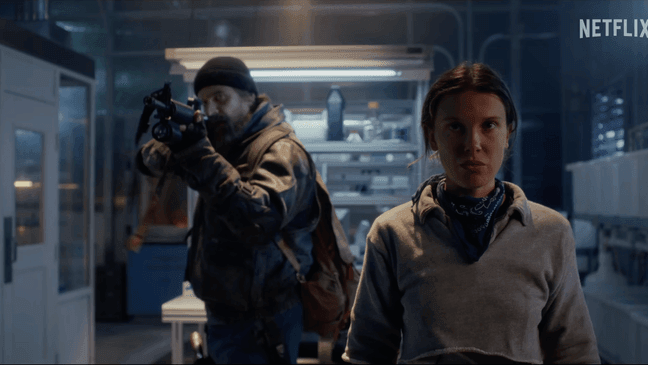 David Harbour and Millie Bobby Brown in a scene from "Stranger Things."