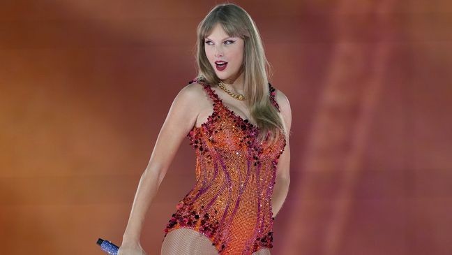 FILE - Taylor Swift performs at the Paris Le Defense Arena during her Eras Tour concert in Paris, on May 9, 2024. (AP Photo/Lewis Joly, File)