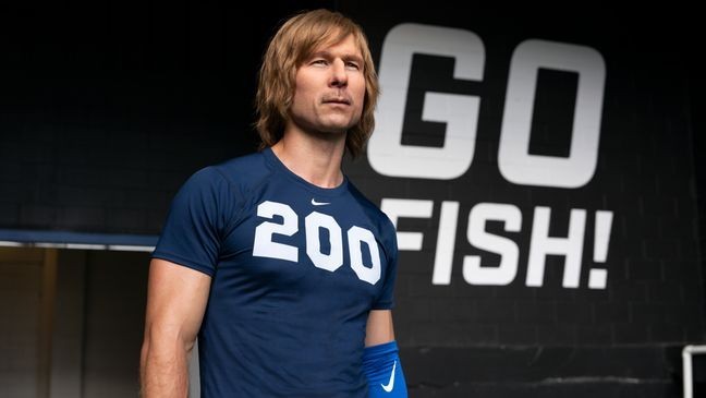 CHAD POWERS - Eight years after an unforgivable mistake nukes his promising college football career, hotshot quarterback Russ Holliday tries to resurrect his dreams by disguising himself as Chad Powers - a talented oddball who walks on to the struggling South Georgia Catfish. (Disney/DJ Delgado)GLEN POWELL