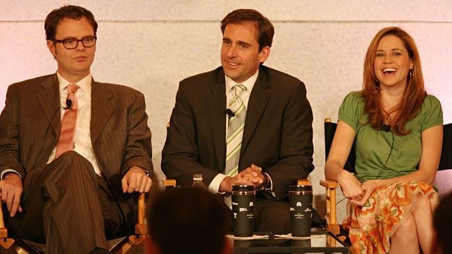 PASADENA, CA - JANUARY 22: (L-R) Actors Rainn Wilson, Steve Carell and Jenna Fischer of "The Office" speak during the NBC executive question and answer segment of the Television Critics Association Press Tour at the Ritz Carlton Hotel on January 22, 2006 in Pasadena, California. (Photo by Frederick M. Brown/ Getty Images)